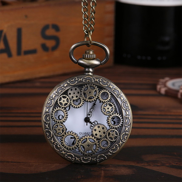 Wholesale 50pcs/lot Pendant Chain Quartz Bronze Watch Gears Hollow Pocket Watch PW003