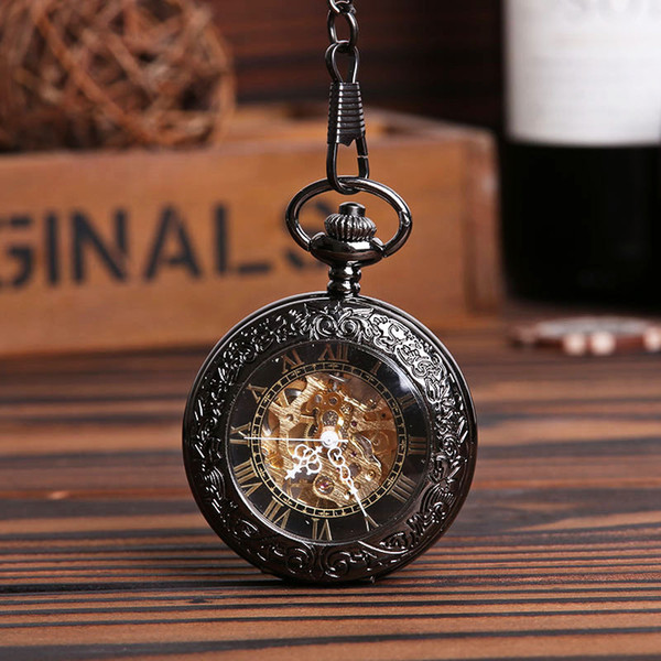 Wholesale 20pcs/lot Men perspective mechanical Black watches mechanical Roman pocket watch Pw005