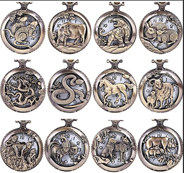 Wholesale 100pcs/lot Mix 12 designs Animals Dial Pendant Necklace Chain Quartz Pocket Watch PW090