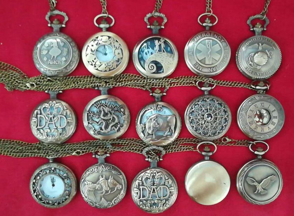 Wholesale 100pcs/lot Mix 15 Designs Quartz watches Chain Bronze Polished pocket watches PW130