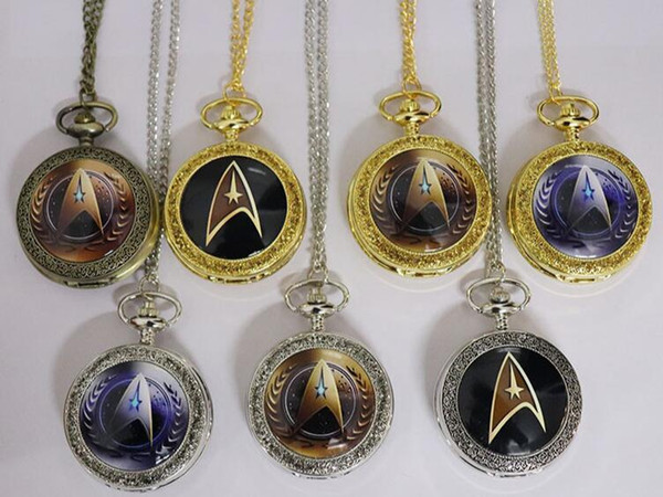 Wholesale 100pcs/lot Mix 7Colors New Arrival Star Trek Theme Steampunk Vintage Quartz Pocket Watch Fashion Men space Watches Necklace PW036