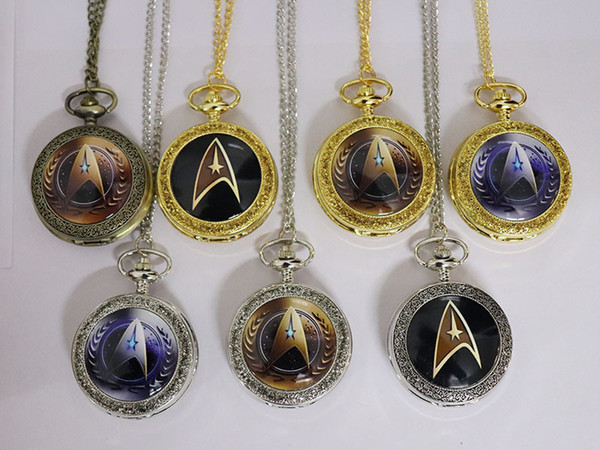 Wholesale 50pcs/lot Mix 6Colors New Arrival Star Trek Theme Steampunk Vintage Quartz Pocket Watch Fashion Men space Watches Necklace PW035