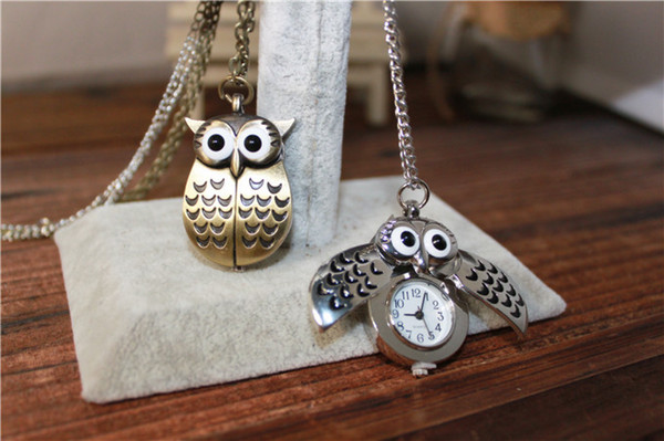 Cute Vintage Night owl Necklace Pendant Quartz Pocket Watch Necklace Owl Watches PW005