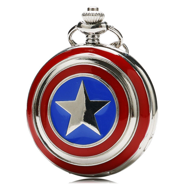 American Captain Star Shield Cover Slim Marvel Superhero Series Pocket Watch Necklace Cool Kids Clock Special Chidren Fans Gift