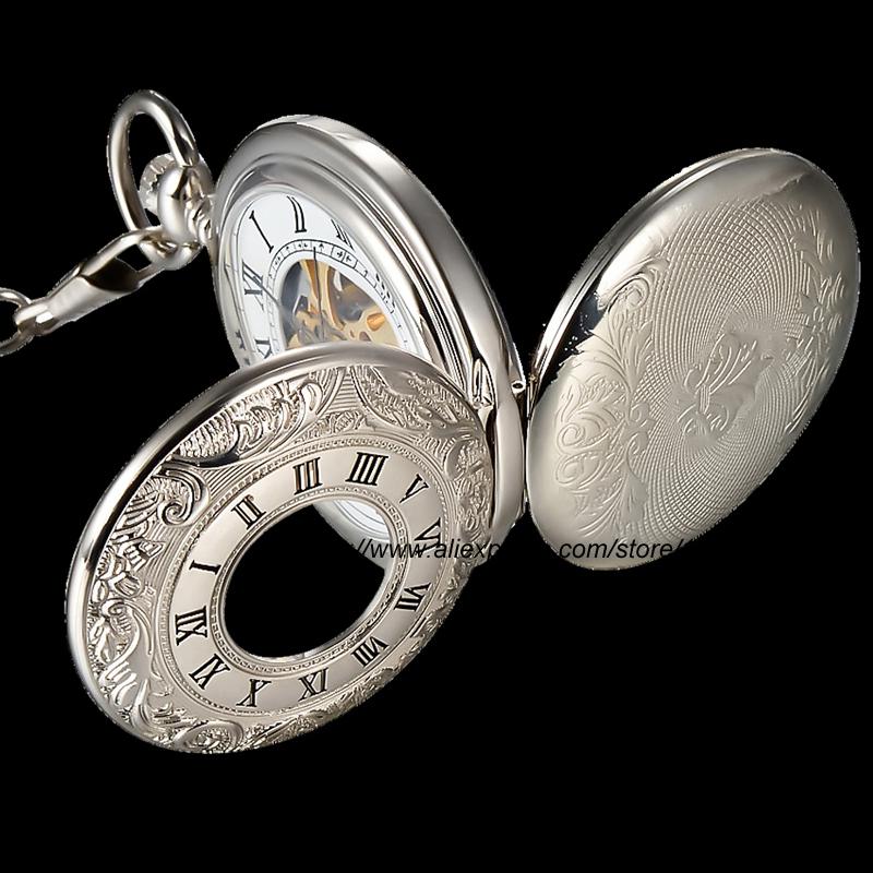 Wholesale-Silver Mechanical Steampunk Skeleton Roman Lid Full Hunter Hand-winding Pendant Pocket Watch