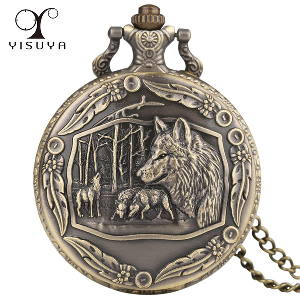 Creative Wolves Tribe Pocket Watch Steampunk Chain Wolf Head Necklace Animal Design Quartz Fob Watches Family Birthdays Gifts