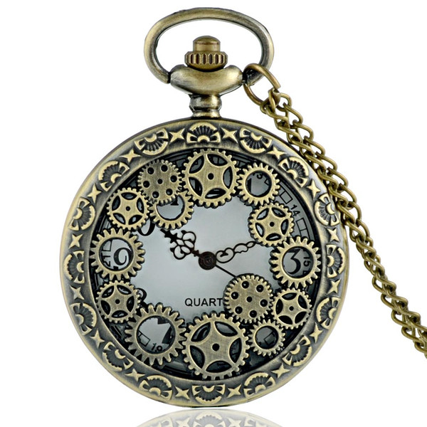 Wholesale-Vintage Bronze Gear Hollow Skeleton Design Steampunk Pocket Watch Necklace Good Quality P619