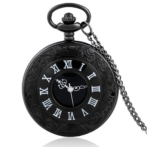 Black Color Hollow Pocket Watch Theme Full Hunter Quartz Engraved Fob Retro Pendant Pocket Watch Chain Gift