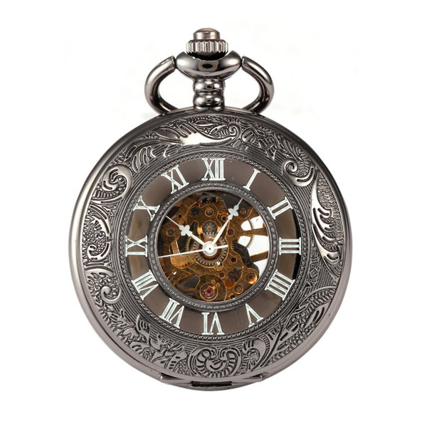 Men Openwork Pattern No.3 Mechanical Pocket Watch Black Shell Black Surface Rome Dark Silver Skeleton Pocket Watch Dropshipping