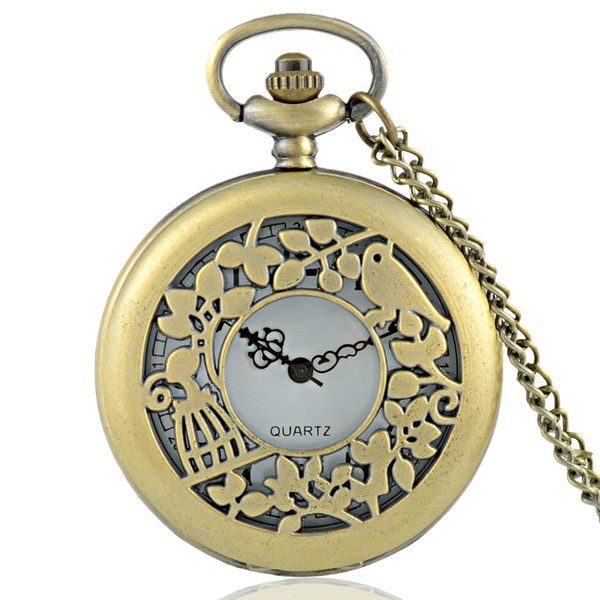 New Arrivals Bronze Lovebirds Hollow Quartz Pocket Watch Classic Vintage Men Women Pendant Necklace Gift