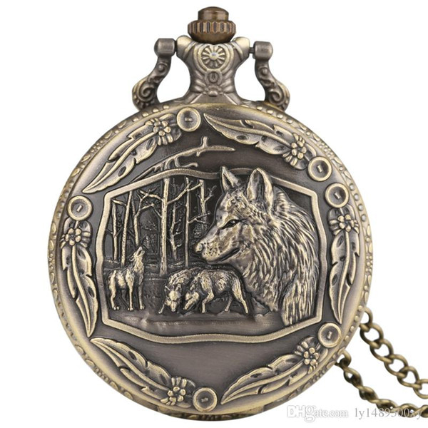 3D Wild Wolves Tribe Wolf Retro Bronze Pocket Watch Men Women Fashion Pendant Awesome Animal Quartz Full Hunter Clock with Necklace Chain