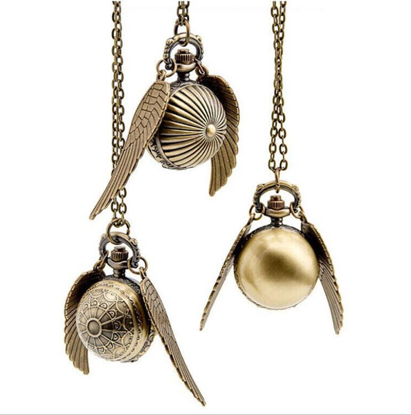 Harry Golden Snitch Pocket Watch Antique Bronze Wing Ball Pendant Necklace Chains Potter Watches 100pcs DHL free ship