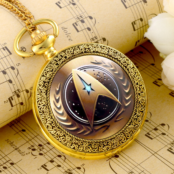 Wholesale-High Quality Vintage Golden Star Trek Pocket Watch Steampunk Fon Pendant Wmen Men Necklace Gift