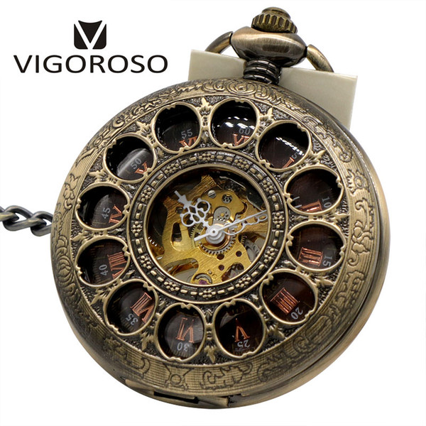 Men's Antique Hand Wind Mechanical Pocket Watch Fashion Men Cool Wood Dial Steampunk Vintage Skeleton Pocket Watch Pendant Gifts