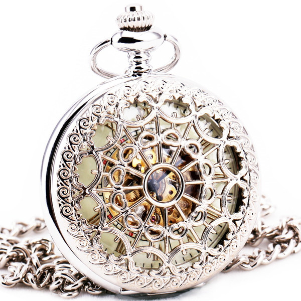 Delicate Silver Stainless-steel Unisex Baroque Women Automatic Mechanical Pocket Watch Hollowed Lid Chain Luxury Fob Watches