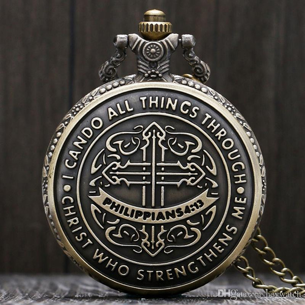 Vintage Style Bible Philippians 4:13 Jesus Christ Christian Scripture Pocket Watch Necklace Pendant Chain Gifts for Men Women Bronze Clock