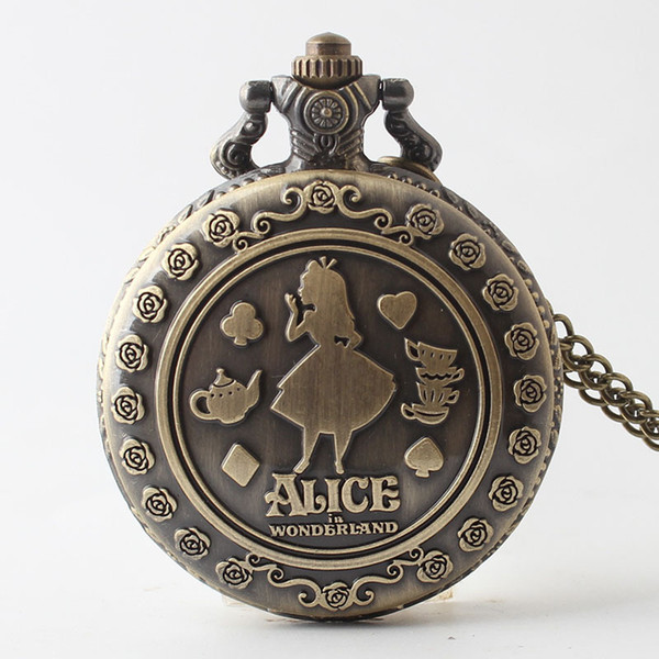 Vintage Copper Pocket Watch Alice in Wonderland Cut Pattern Fashion Modern Flower Retro Necklace Women Kids Birthday Xmas Gifts