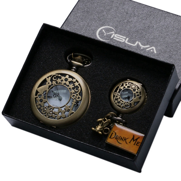 Retro Bronze Alice In Wonderland Drink Me Tag Women Rabbit Flower Pocket Watch Necklace Pendant Novelty Christmas Gifts Box Sets