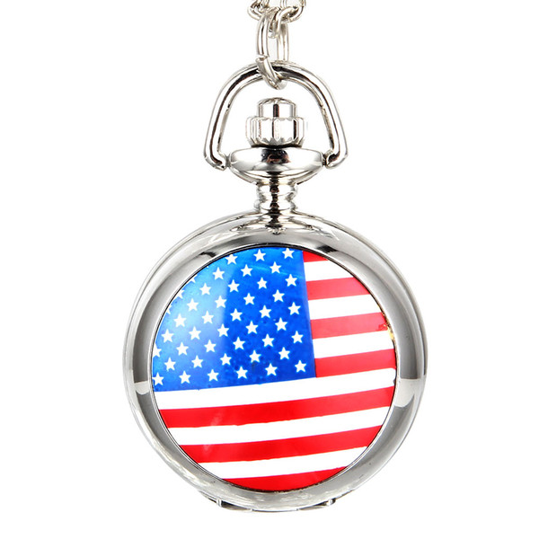 Fashion Men Women Vintage Quartz Pocket Watch Alloy USA Flag Unisex Sweater Chain Necklace Pendant Clock Gifts LXH