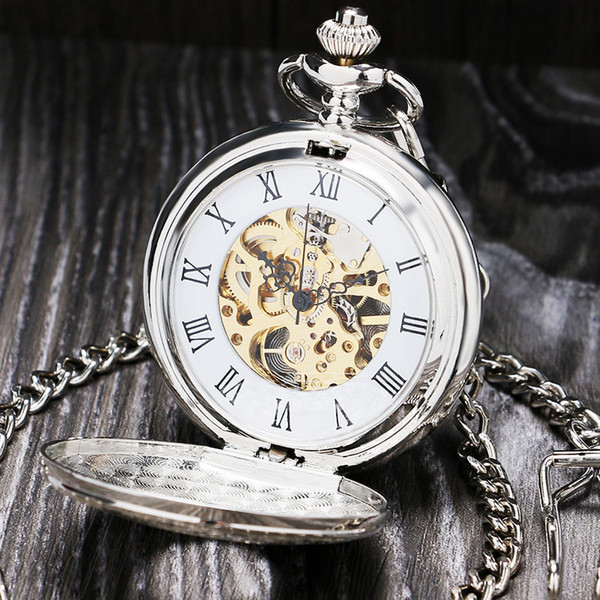 Vintage Silver Roman Number Mechanical Pocket Watch Double Open Hunter case fob watch P803C