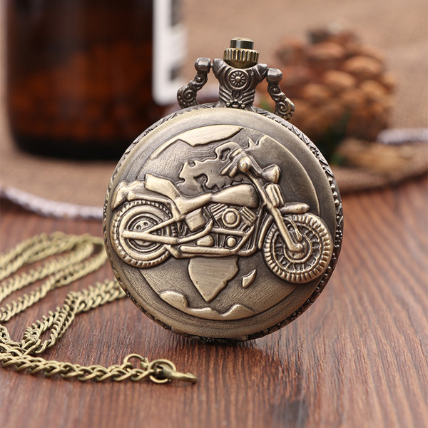 Vintage Antique Carving Motorcycle Steampunk Quartz Pocket Watch Retro Bronze Women Men Necklace Pendant Clock with Chain Toy