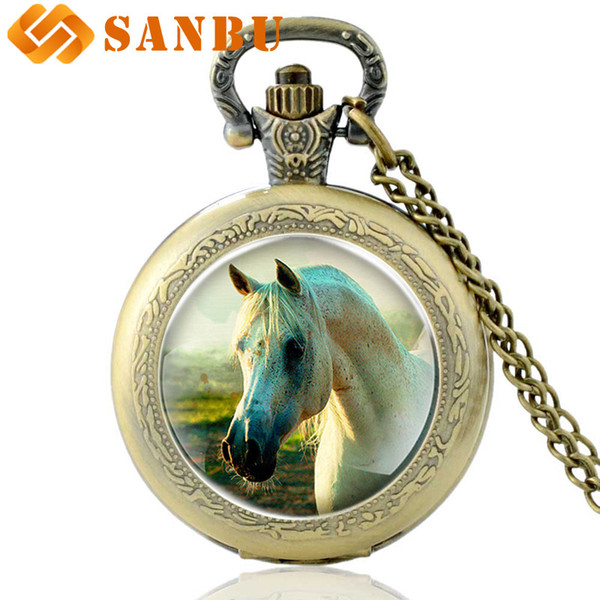 Retro Bronze Horse Quartz Pocket Watch Vintage Men Women Animal Pendant Necklace Antique Jewelry Gift