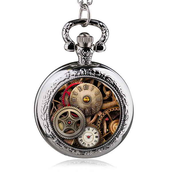 New Arrival Vintage Bronze/Silver/Black Glass Gear Skeleton Steampunk Locket Necklace Pocket Watch Pendant Necklace