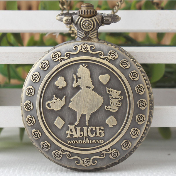 Vintage Cute Alice in Wonderland Rabbit Flower Pocket Watch Necklace Quartz Women Ladies Bronze Pendant Retro Chain Gift TPB029