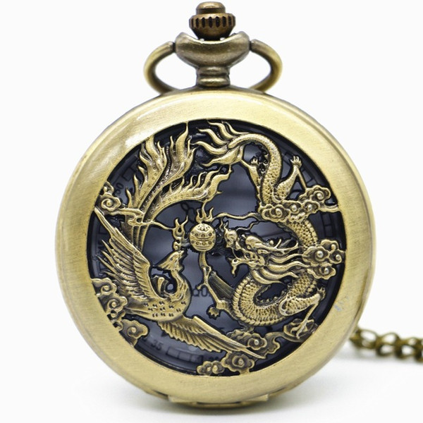 New Fashion Phoenix Dragon Hollow Bronze Pocket Watch Necklace Antique Steampunk Fob Watch Necklace Pendant