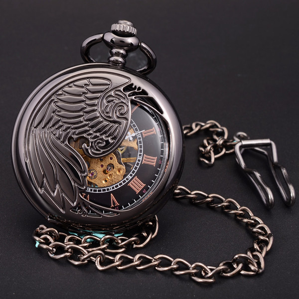 Wholesale-Antique Black Skeleton Phoenix Wings Carving Case Men Hand Wind Necklace Chain Fob Clock Fashion Hollow Mechanical Pocket Watch