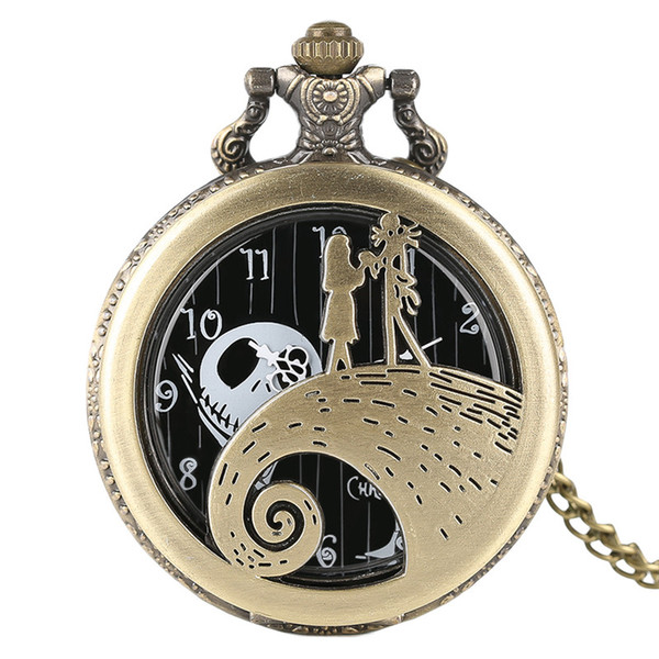 Gift Tim Burton's Nightmare Before Christmas Necklace Chain Bronze Retro Hollow Quartz Pocket Watch Black Steampunk