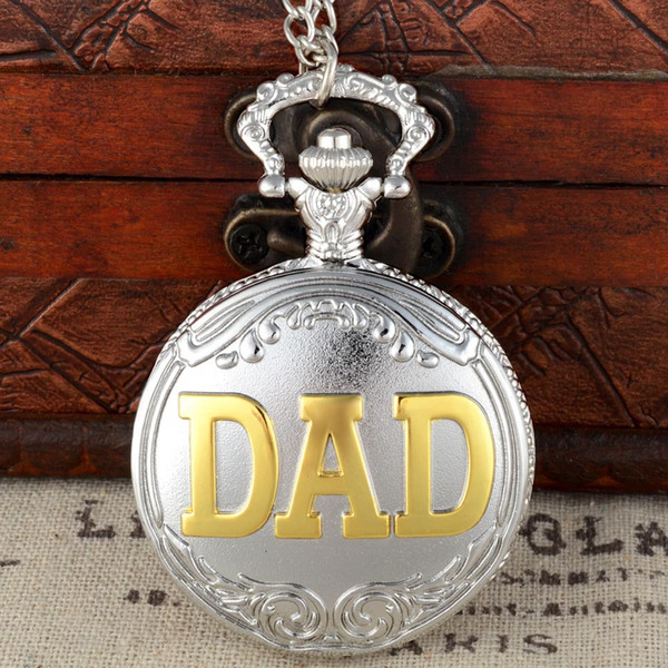 Silver And Gold DAD Theme Full Hunter Quartz Engraved Fob Retro Pendant Pocket Watch Chain Gift