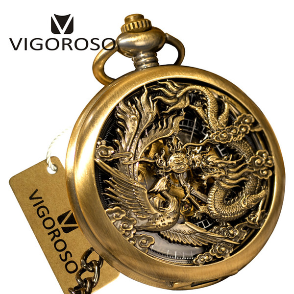 2017 New Bronze Steel Vintage Retro Steampunk Skeleton Designer Dragon&Phoenix Mechanical Hand Wind Pocket Watch FOB Chain Clock