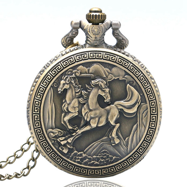 Horse Theme Small Size Stainless Steel Round Men Women Quartz Pocket Watch Retro With Necklace Chain for Gifts Reloj De Bolsillo