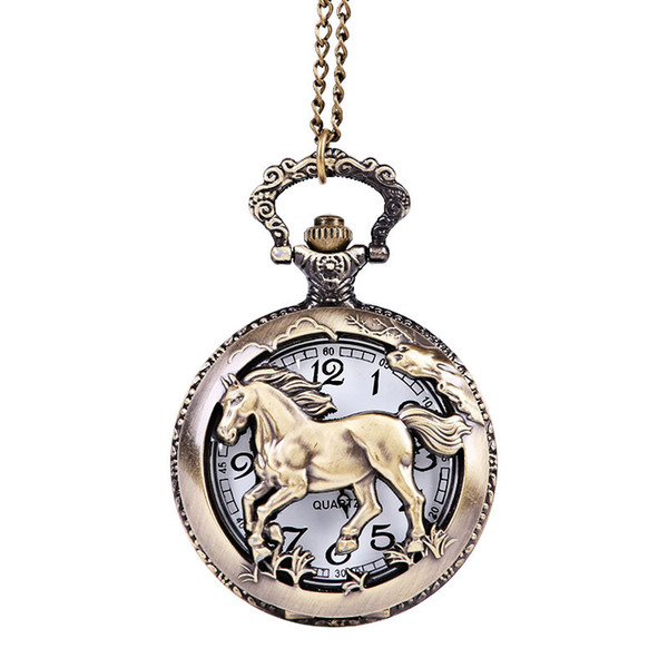 2019 Pocket Watch Retro Bronze Copper Horse Hollow Quartz Watch Clock Hour Fob Pendant Birthday Souvenir Gifts for Men Women