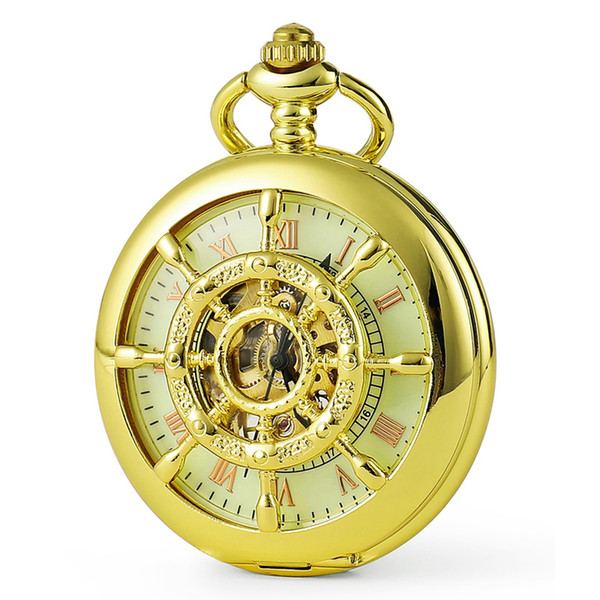 2019 Fashion Gold Nautical Pattern Hollow Mechanical Pocket Watch C450