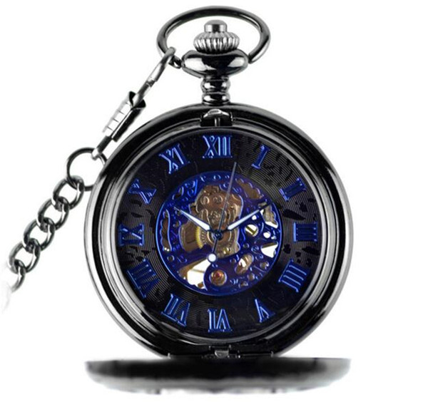 50 pcs Black Flower Hollow Case Blue Roman Number Skeleton Dial Steampunk Mechanical Pocket Watch With Chain Gift To Men Women J010