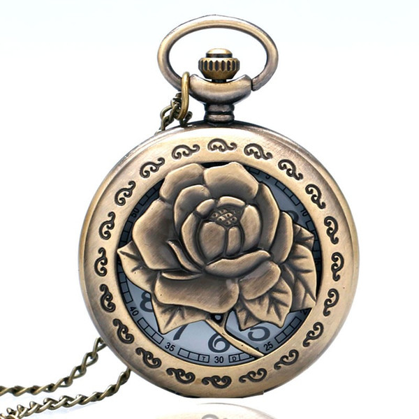 3D Rose Necklace for Women Lady Girlfriend Gifts Hollow Vivid Engraved Flower Nurse Quartz Pocket Watch Antique Pendant Chain Gift