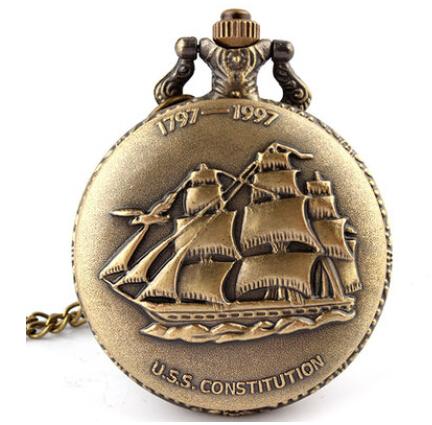 Steampunk Full Hunter Quartz Engraved Fob Retro Pendant Pocket Watch Chain Gift USS Constitution Theme