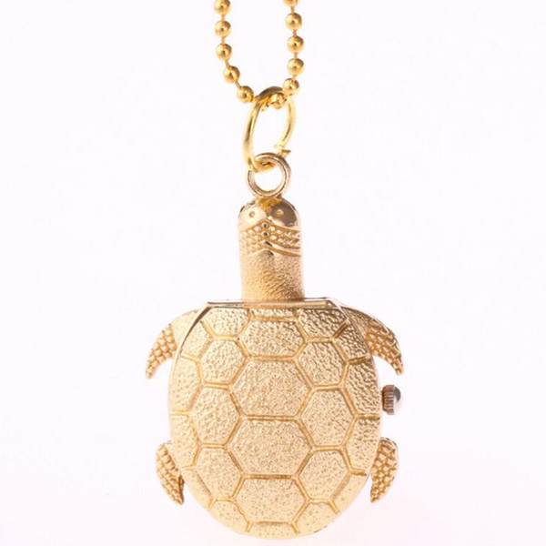 Hot Cute little Turtle pocket watches Cartoon golden tortoise necklace watch Alloy chain hanging pocket quartz watch Kids Children's Gift