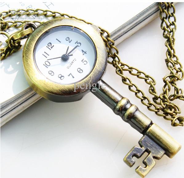 Hot Lovely Cute Retro Bronze pocket watch With necklace Key-shaped watch necklaces as Gift Drop Free Shipping