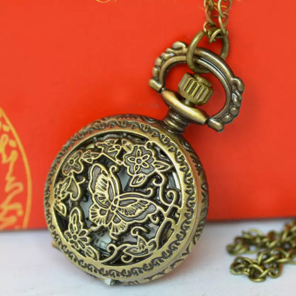 Hollow Elephant Butterfly Pocket Watch Necklaces Antique Round Watch Quartz Watch Locket Necklaces women jewelry Christmas Gift