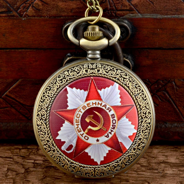 Classic Soviet Army Quartz Pocket Watch Chains Antique Men Women Scythe hammer Pendant Necklace Clock Gift