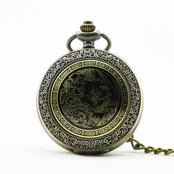 Antique Bronze Dragon Phoenix Quartz Pocket Watch Pendant with Chain Necklace Gift For Women Men PB626