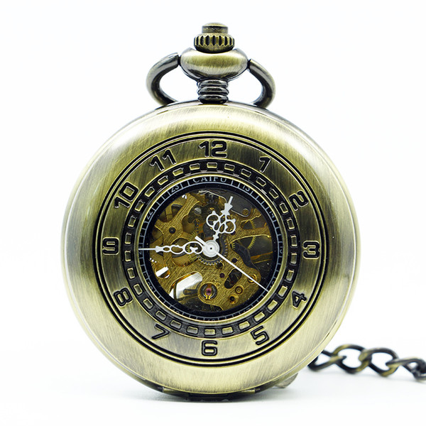 Antique&Vintage Style Bronze Skeleton Steampunk Nice Mechanical Men's Pocket Watch Fob Chain Black Dial PJX1245