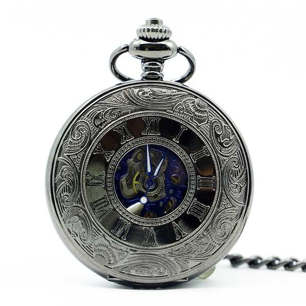 Top Brand Skeleton Blue Roman Numerals Dial Stainless Steel Case Mechanical Hand Wind Long Fob Chain Men Pocket Watch PJX1244