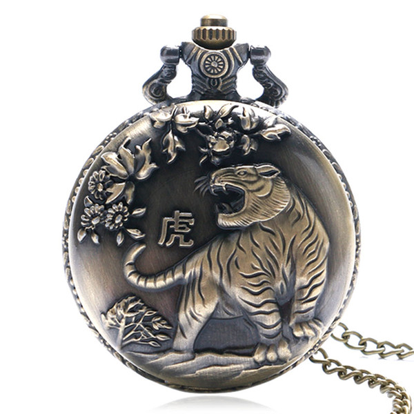 Wholesale-Vintage Bronze 3D Chinses Zodiac Tiger Case Quartz Pendant Pocket Watch With Necklace Chain Men Women Gift Free Shipping