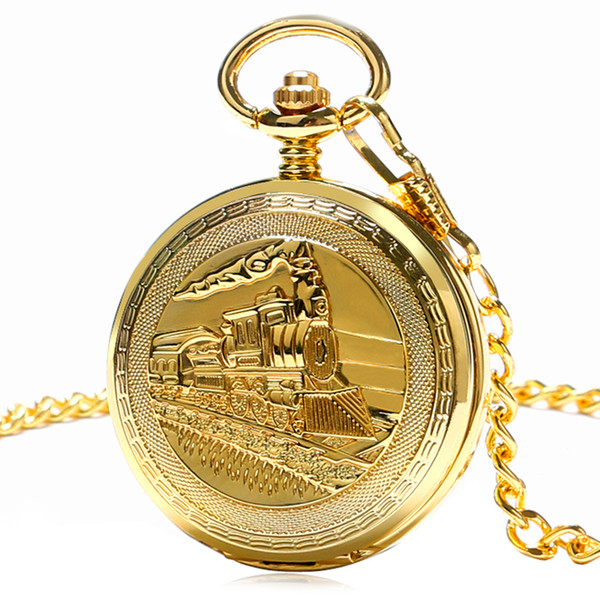 Vintage Pocket Watch Gold Unique Women Pendant Mechanical Hand Wind FOB Double Hunter Chain Railway Men Trendy Clock Gift P1036C