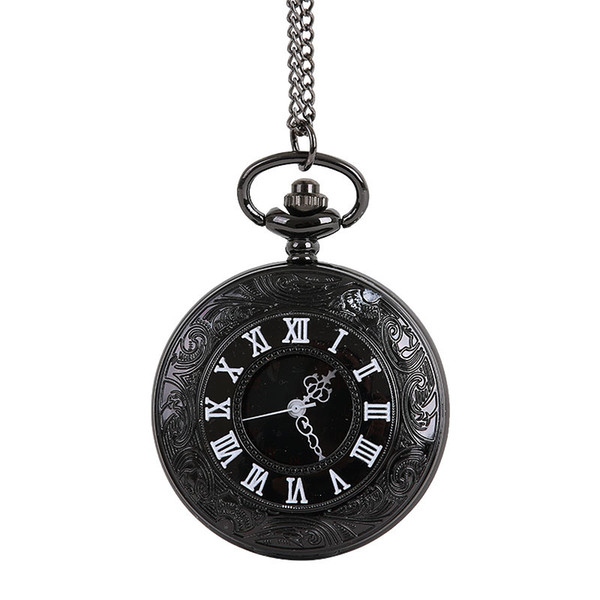 Stylish Black Double Display Roman Scale Retro Black Face White Needle Nostalgic Pocket Watch With Necklace Four colors