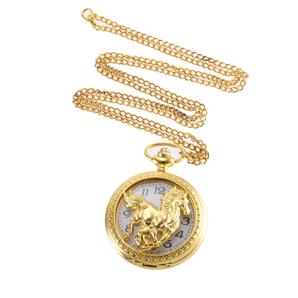 Vintage Pocket Watch Quartz Watch Cool Chain Golden Hollow Horse Cover Watches LXH